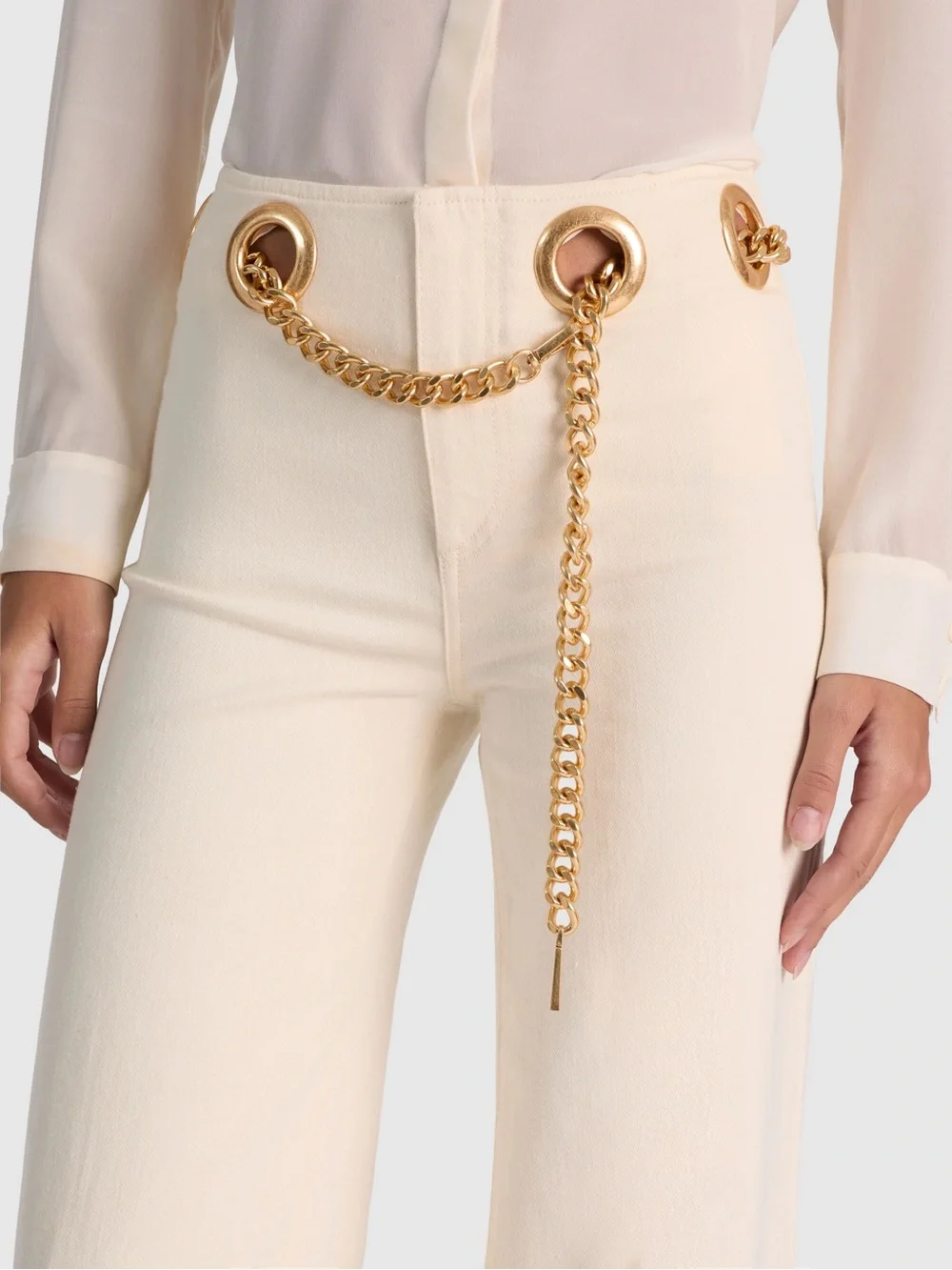 Alice + Olivia Cream Wide-Leg Pants with Gold Chain Waist Detail